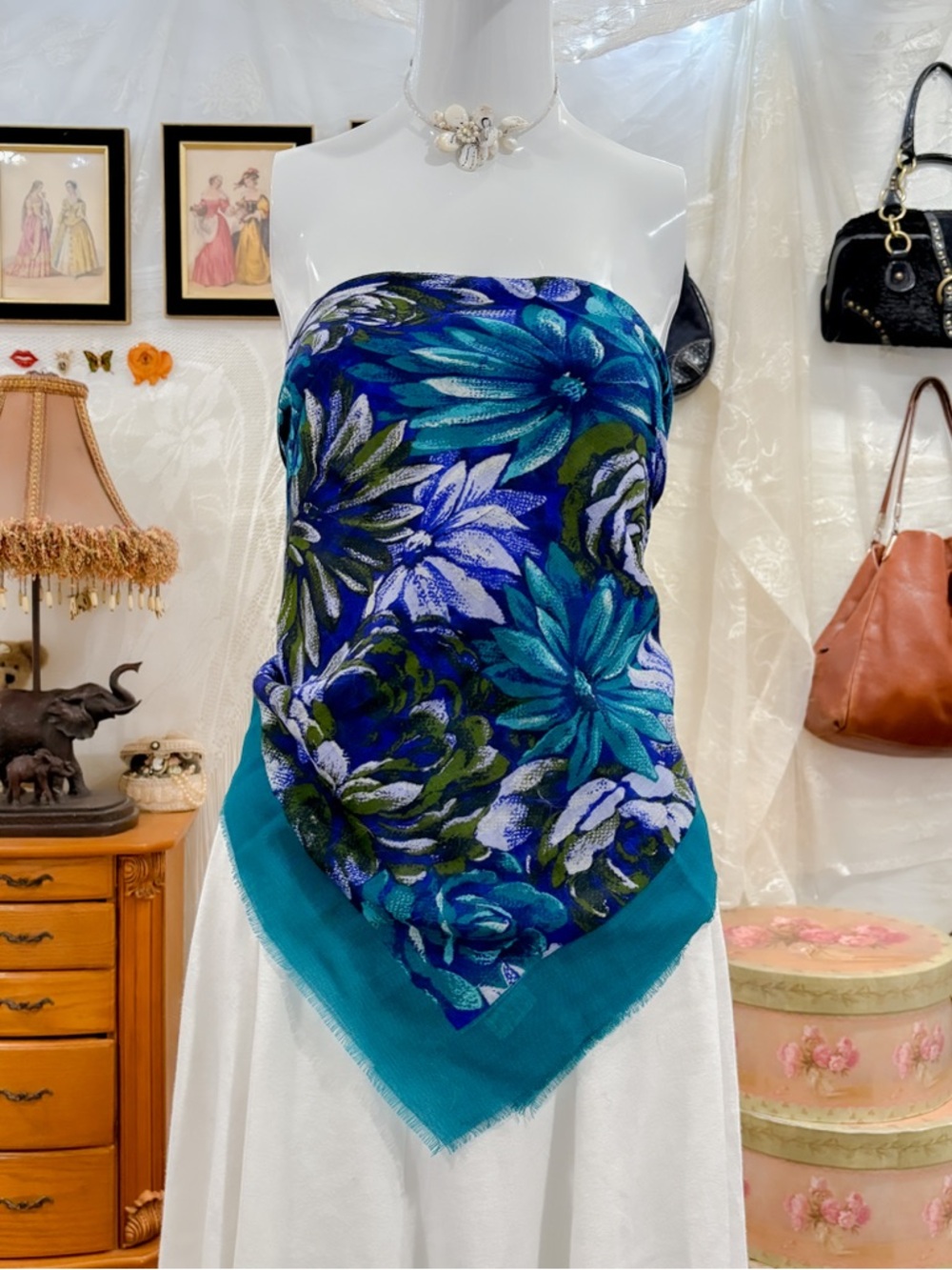 Whimsigoth floral vintage girly Japanese teal square scarf top - Picture 2 of 7